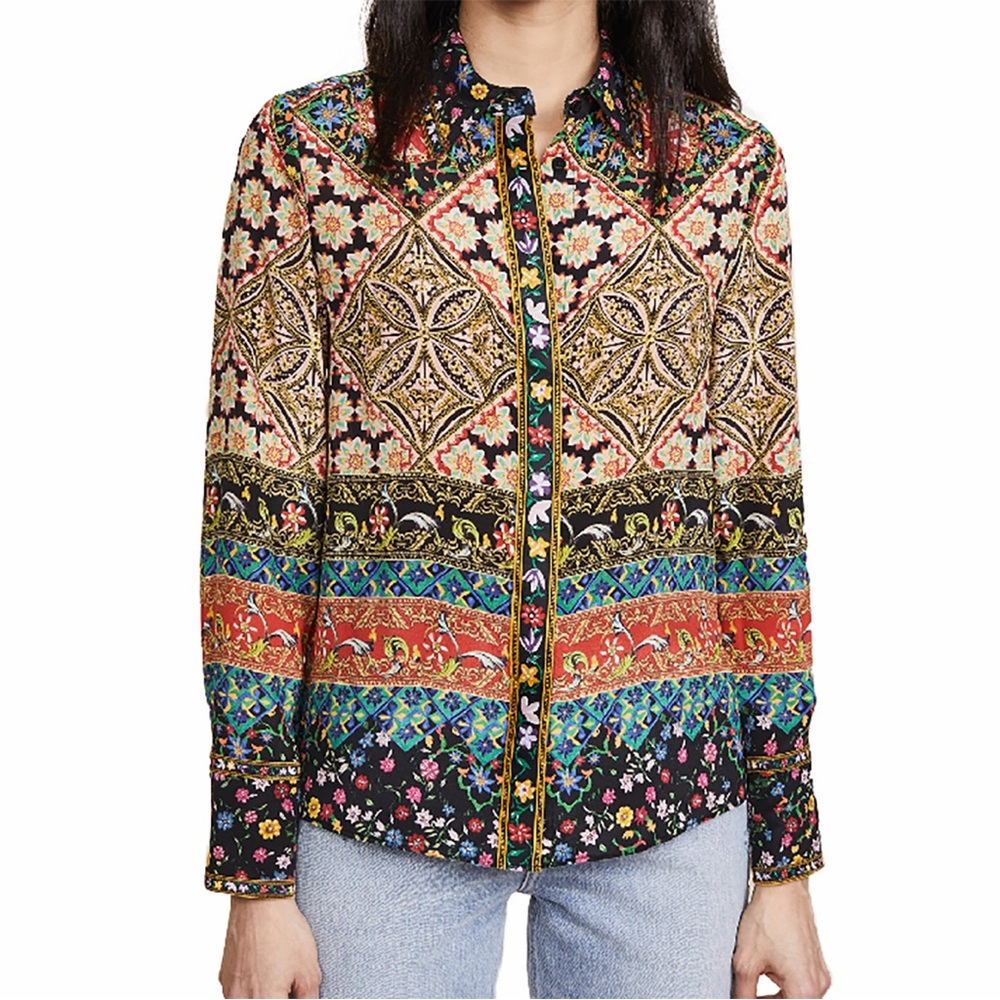 Alice + Olivia Willa Renzo Tile Print Silk Blouse Top Floral Stripe Bohemian XS